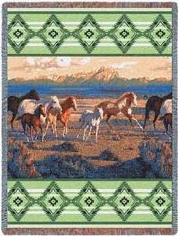 Wild Horses - Green Tapestry Throw and Blanket