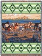 Wild Horses - Green Tapestry Throw and Blanket