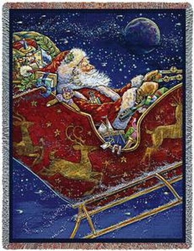 SANTA SLEIGH FLYING REINDEER MERRY CHRISTMAS ALL TAPESTRY THROW BLANKET 70x53 