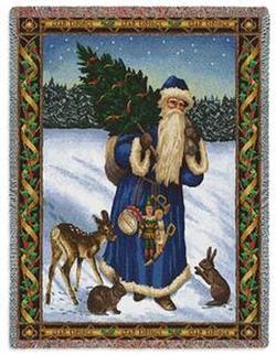 Father Christmas Blue Tapestry Throw