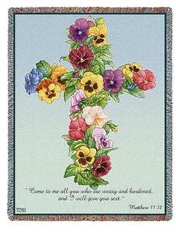 Cross - Pansy Cross, Matthew 11:28 Tapestry Throw